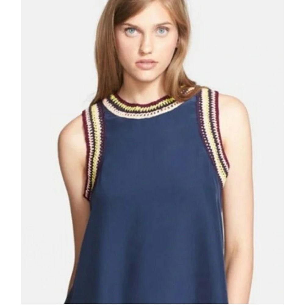 Elizabeth and James Vivi Crochet Trim Silk Top Blue Boho Size L